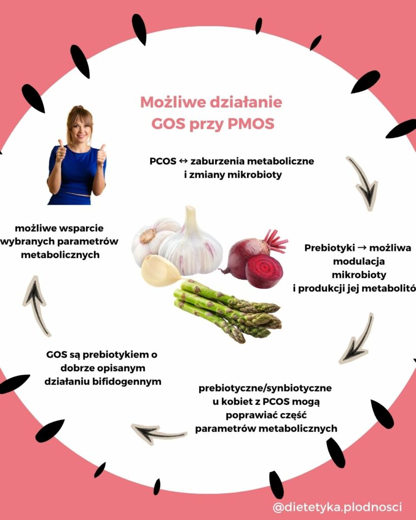 Infografika przedstawiająca możliwe działanie prebiotyków GOS w PCOS, wpływ na mikrobiotę jelitową i parametry metaboliczne.